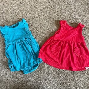 Lot of 2 6MO baby dresses, teal and red. EUC
